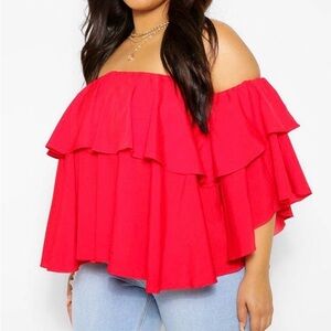 New NWT Boohoo Off-Shoulder Ruffle Peplum Blouse Top Red Tiered Sz 20 Volup Plus
